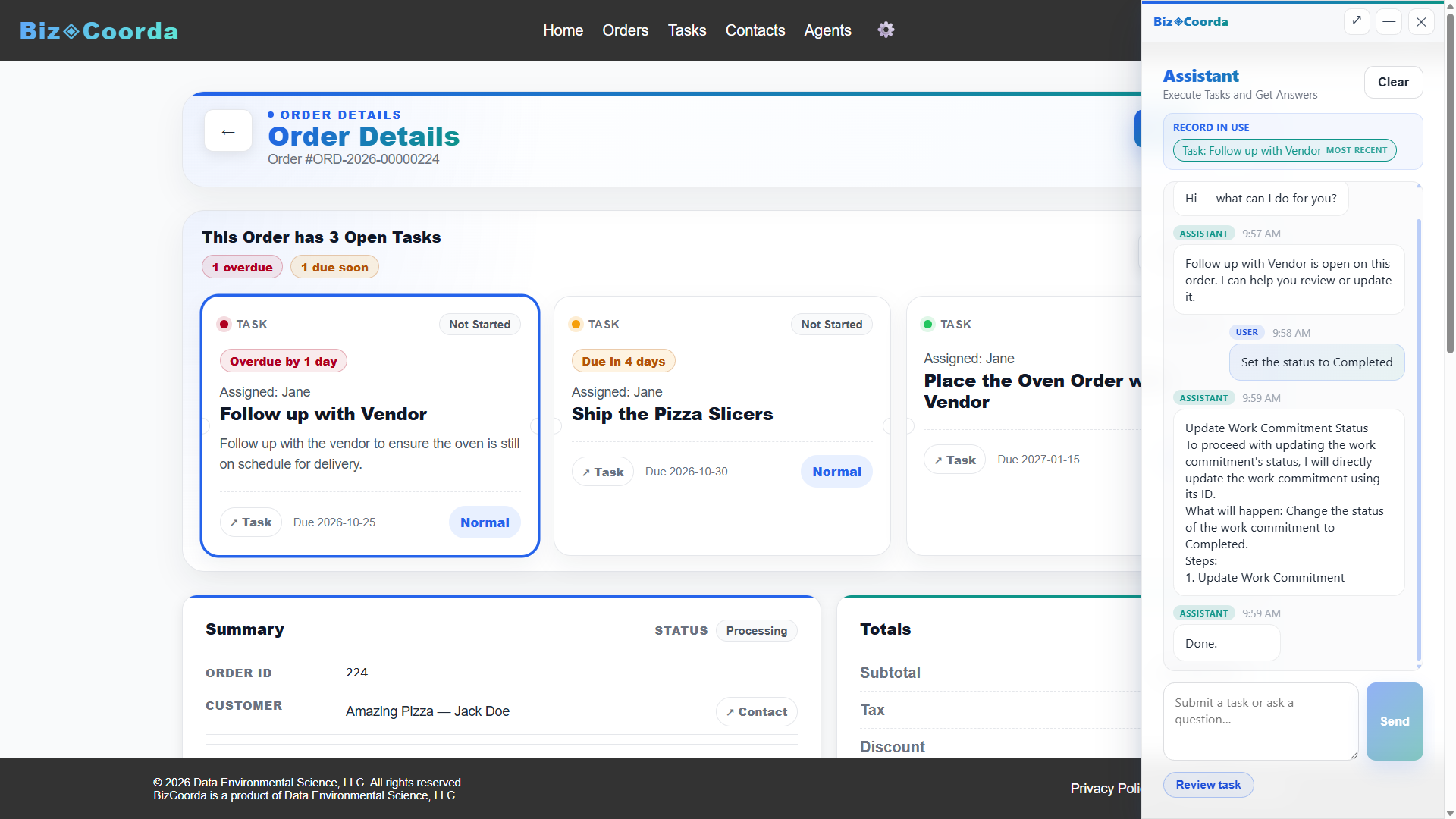 BizCoorda order management showing a task status update by the AI Business Assistant.